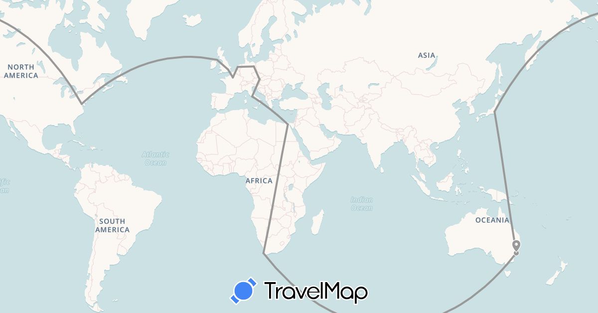 TravelMap itinerary: driving, plane in Austria, Australia, Germany, Egypt, France, United Kingdom, Italy, Japan, Netherlands, United States, South Africa (Africa, Asia, Europe, North America, Oceania)